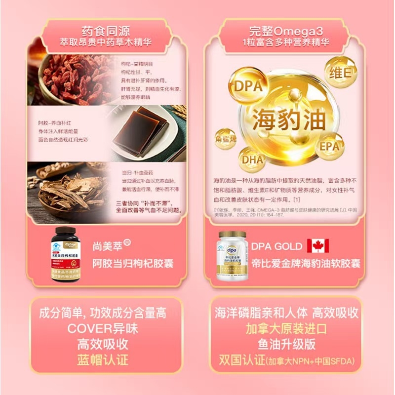 Dibiai Gold Seal Oil Softgels (180 capsules) & Shangmeicui® Donkey-Hide Gelatin, Angelica, and Goji Berry Capsules (90 capsules) Gift Box